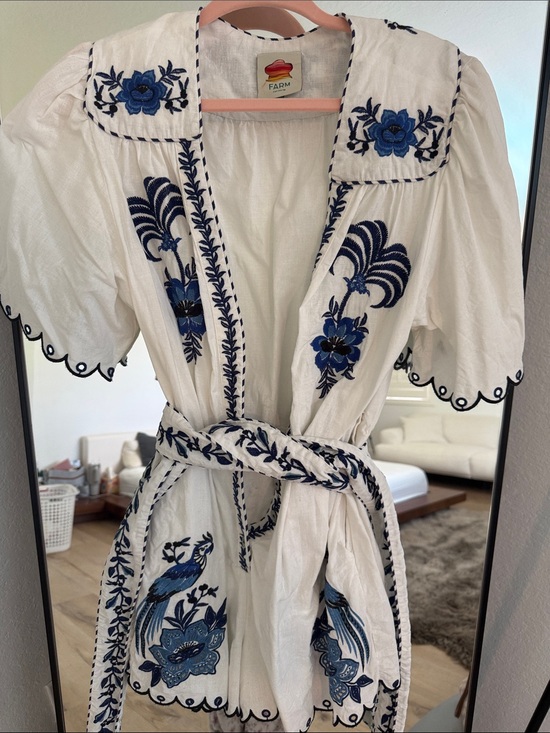 FARM Rio Pants - FARM Rio White Mini Romper with Blue Embroidery